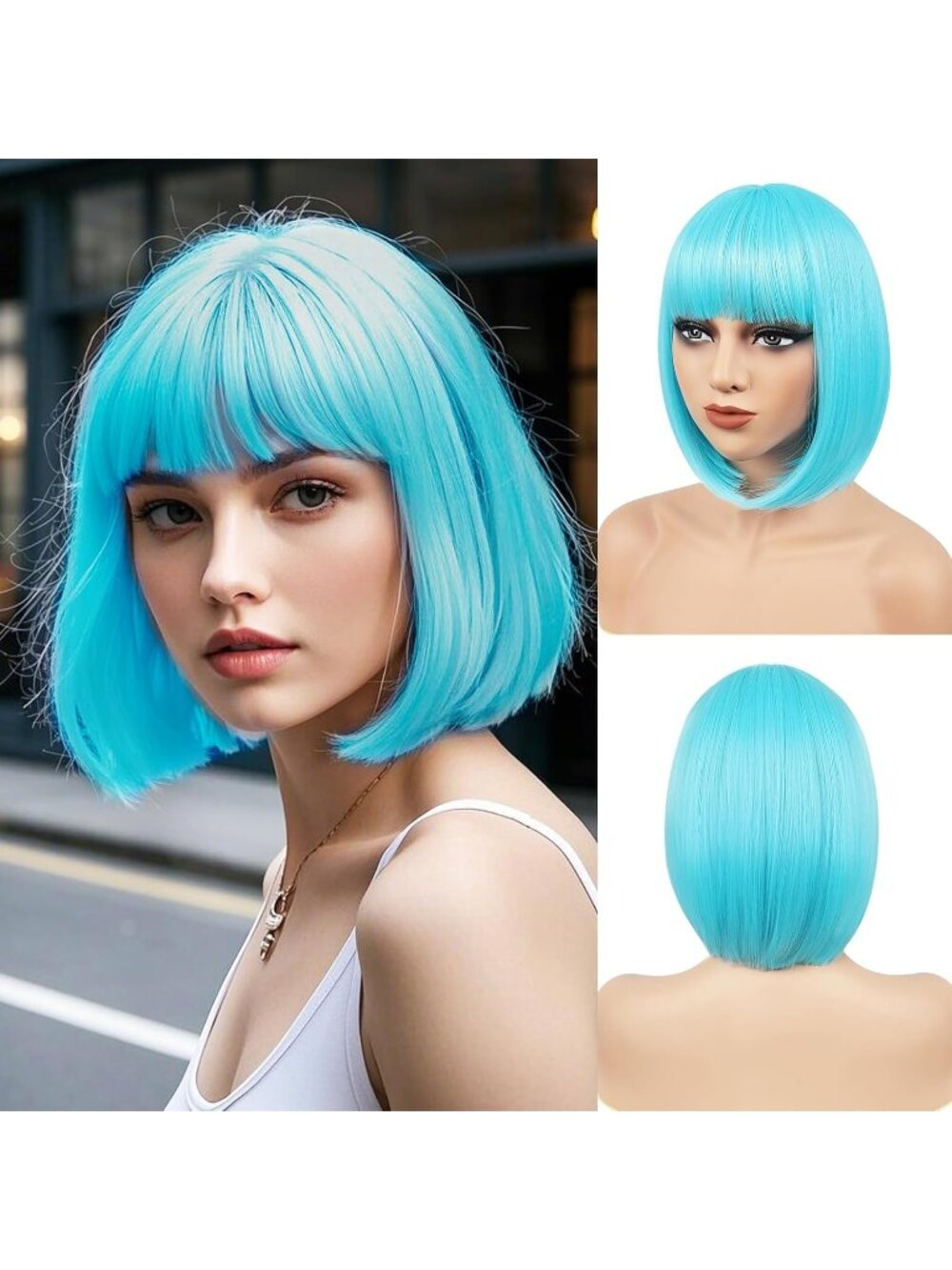 Women Teal Blue Heat Resistant Synthetic Bob Party Neon Wig Bangs 12 Inch